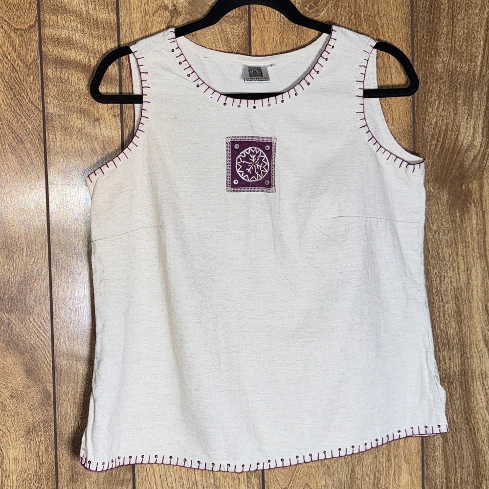 Usindo Womens Small Linen Blend Sleeveless Top Boho Embroidered Sequin Oatmeal